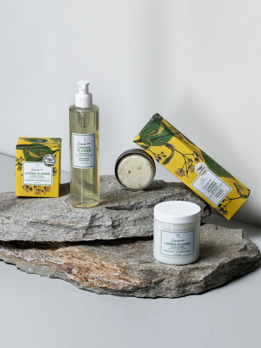 Lehmuskukkaa ja pohjoista koivu-uutetta sisältävä shampoopala on pakattu kestävään kierrätysalumiinirasiaan.