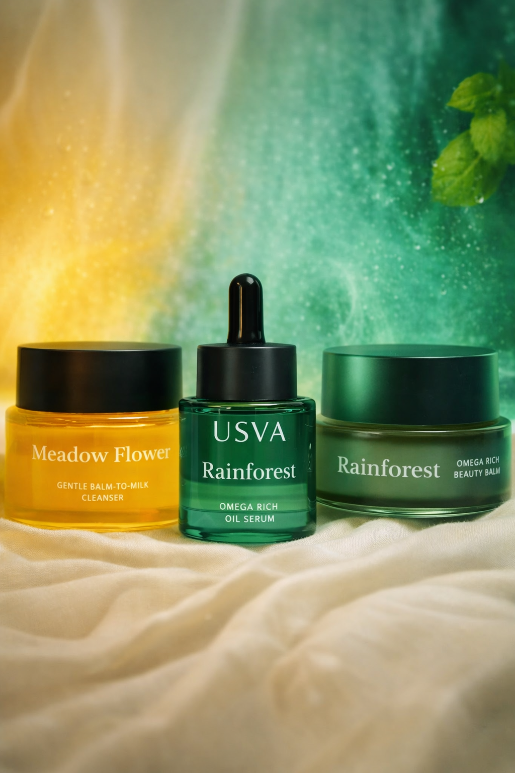 Kosmetiikan lahjapakkaus. Luvon kokoaa täydelliset kosmetiikan lahjasetit. Tämä setti sisältää Usva Cosmeticsin Meadow Flower Balm to Milk Cleanserin sekä Rainforest Omegarikkaan öljyseerumin ja Monitoimiblamin